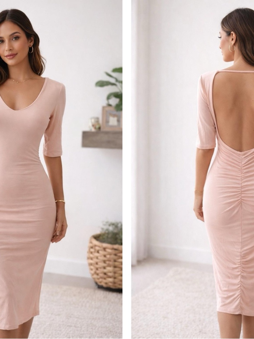 Women’s V-Neck Midi Dress in Light Blush